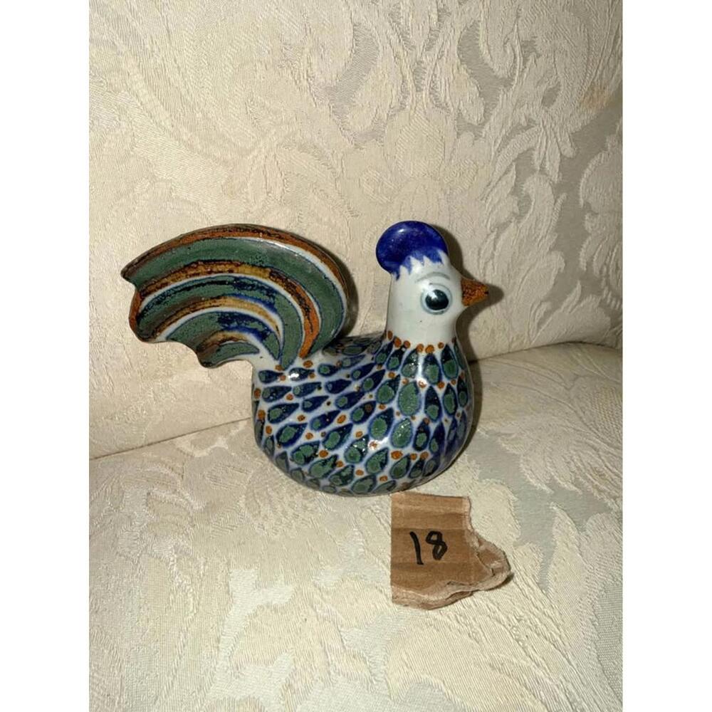 Vintage Hand Painted Ceramic Rooster Figurine Blue Green Folk Art Kitchen Decor